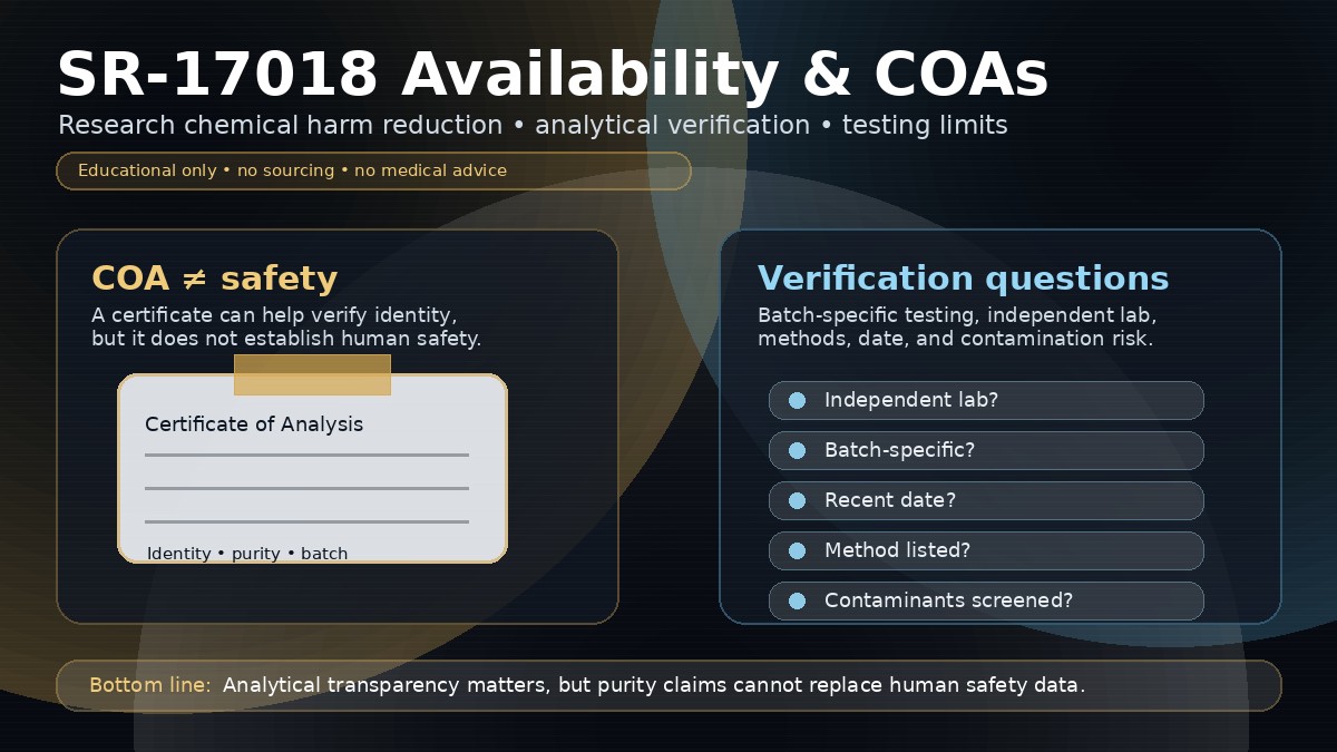 SR-17018 availability and COA harm reduction infographic explaining certificates of analysis, purity testing, contamination risk, and research chemical considerations