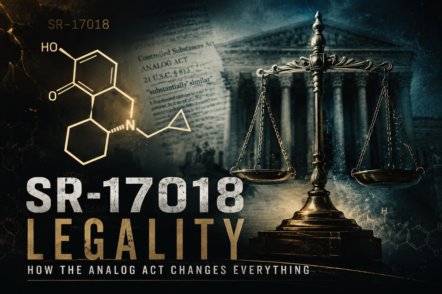SR-17018 molecule with scales of justice representing Federal Analog Act legal ambiguity