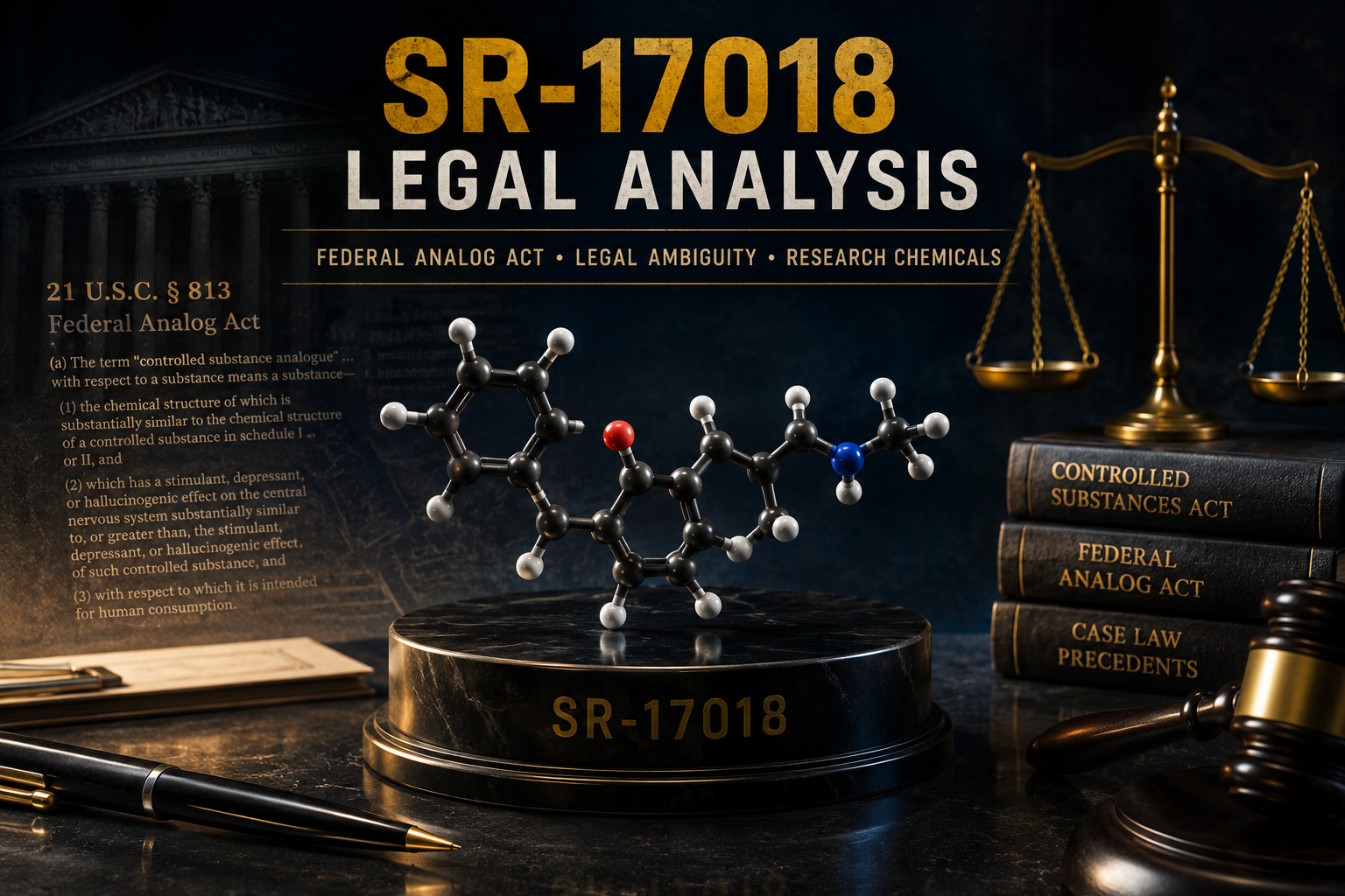 SR-17018 legal analysis banner with molecular model, legal symbols, and Federal Analog Act themes