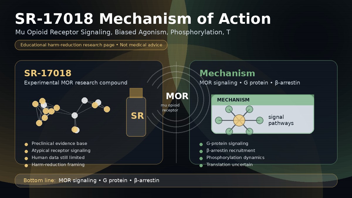 SR-17018 mechanism of action infographic showing mu opioid receptor signaling, G-protein pathways, beta-arrestin recruitment, and receptor regulation