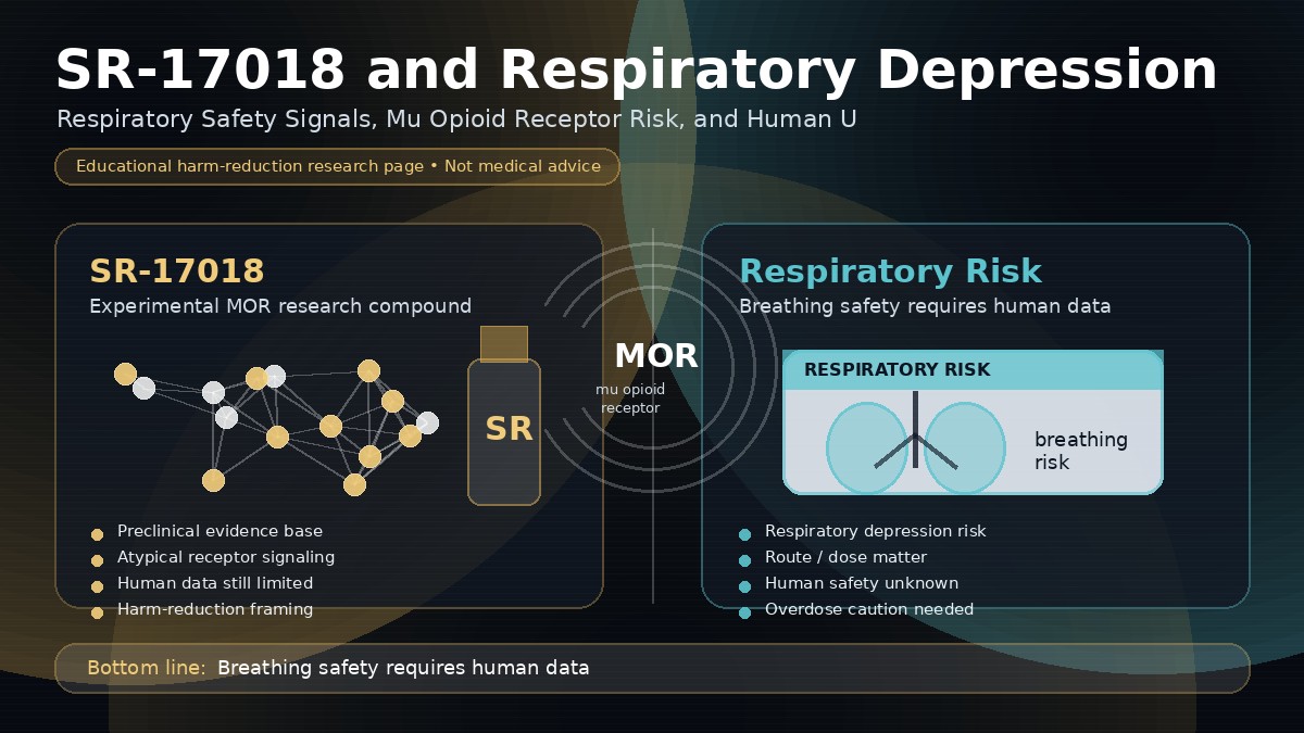 SR-17018 and respiratory depression infographic showing breathing risk, mu opioid receptor activity, preclinical signals, and human uncertainty