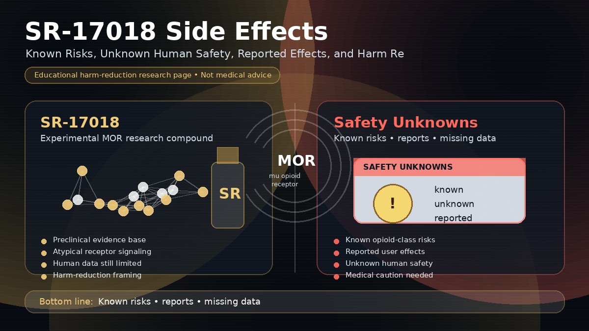 SR-17018 side effects infographic showing known opioid-class risks, reported effects, unknown human safety, and harm reduction caution