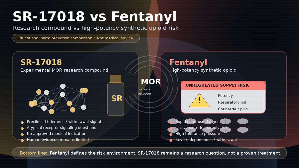 SR-17018 vs fentanyl infographic comparing a research compound with high-potency synthetic opioid risk across receptor signaling, withdrawal, tolerance, and evidence