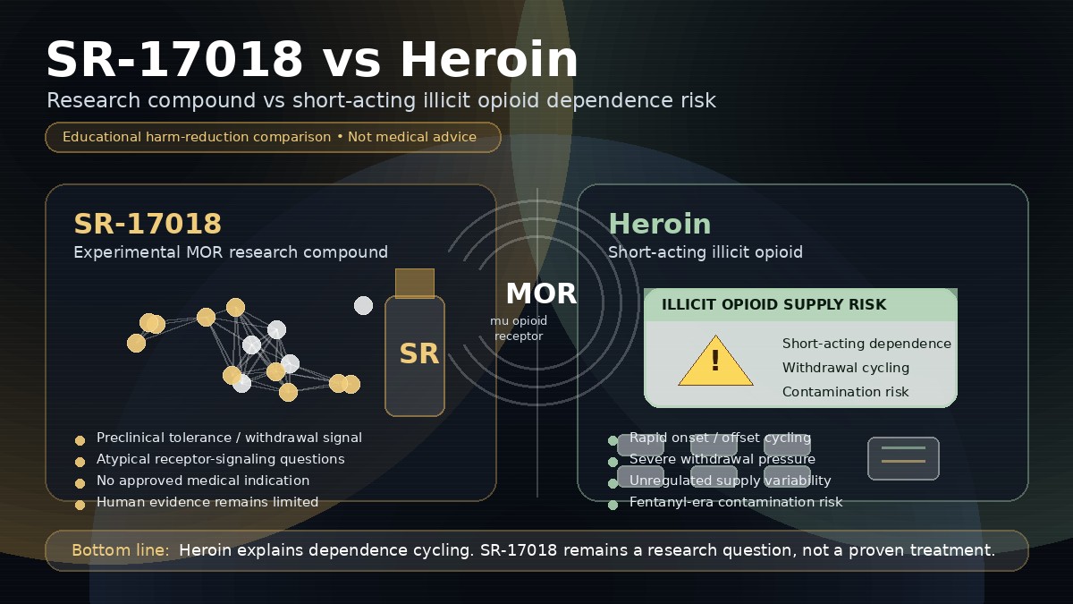 SR-17018 vs heroin infographic comparing a research compound with short-acting illicit opioid dependence risk across receptor signaling, withdrawal, tolerance, and evidence