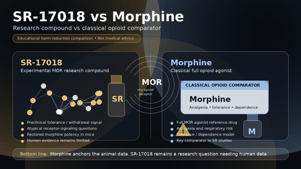 SR-17018 vs morphine infographic comparing a research compound with a classical full opioid agonist comparator across receptor signaling, tolerance, withdrawal, and evidence
